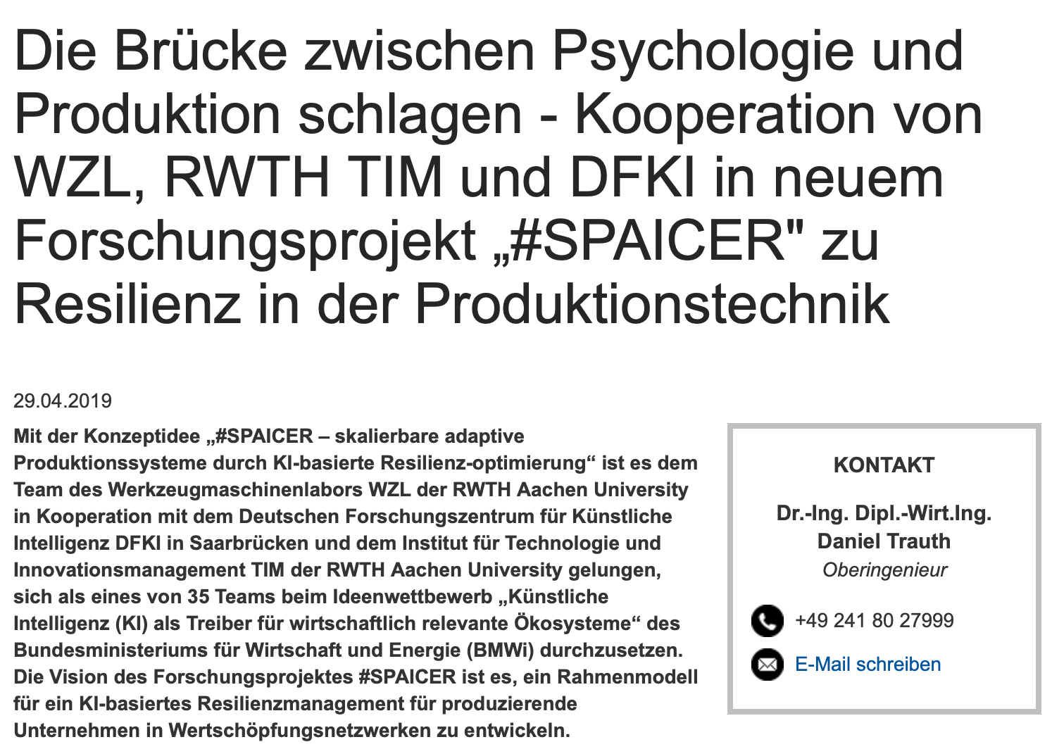Kooperation von WZL, RWTH TIM und DFKI