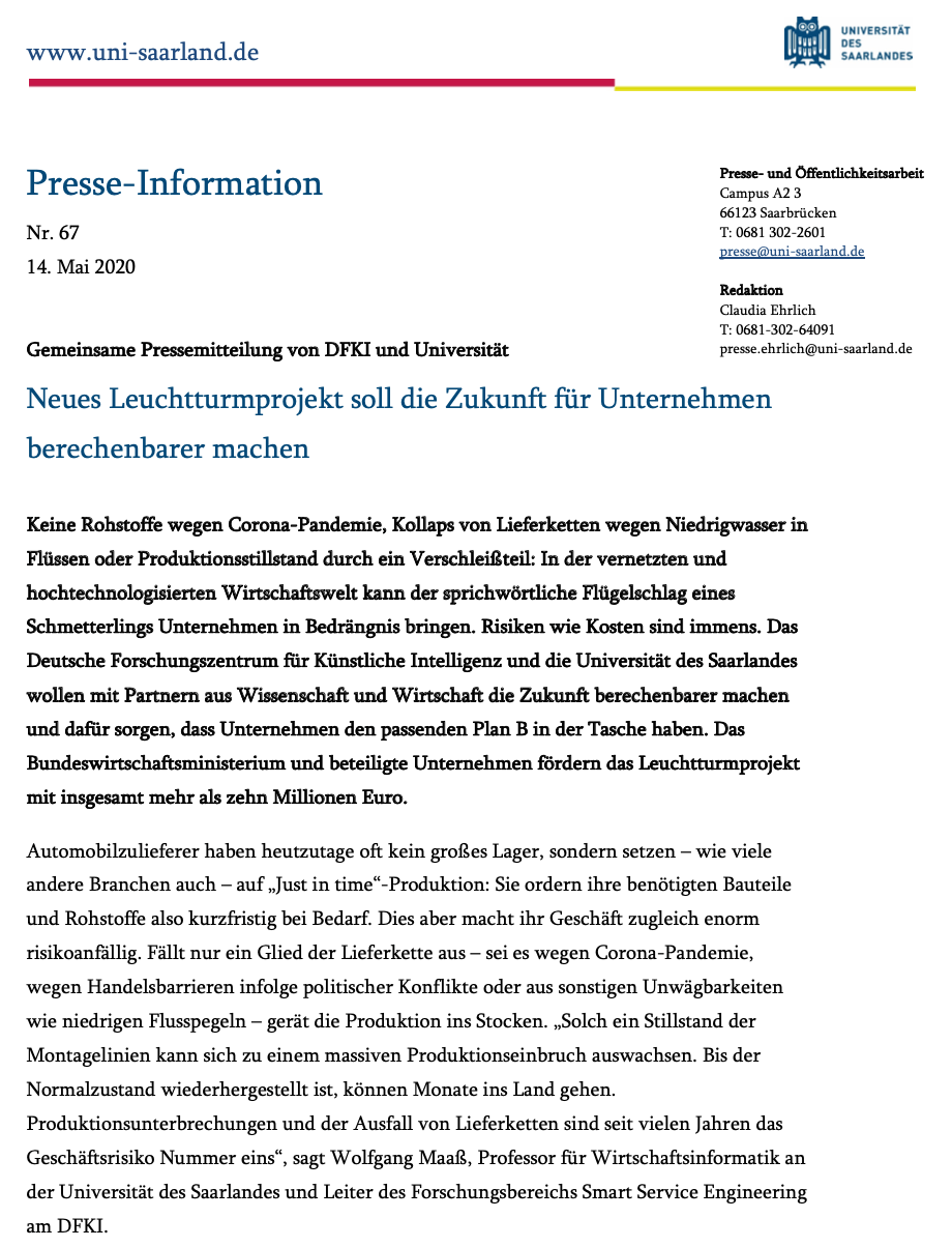 Pressemitteilung zum Projektstart, Mai 2020